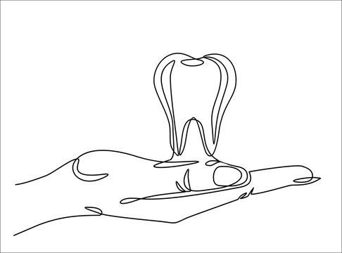 One continuous line drawing of hand holding Tooth. Vector illustration
