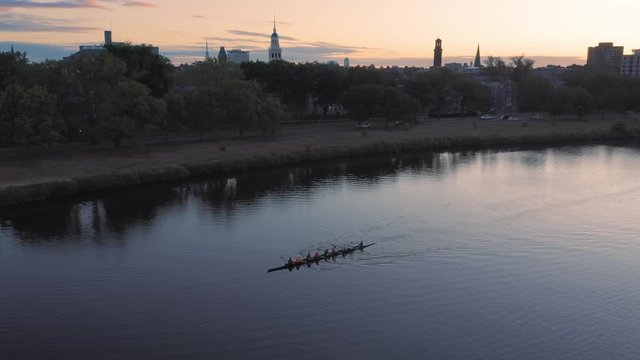 Aerial: People Rowing On The Charles River At Harvard University. Boston, Massachusetts, USA. 28 August 2019