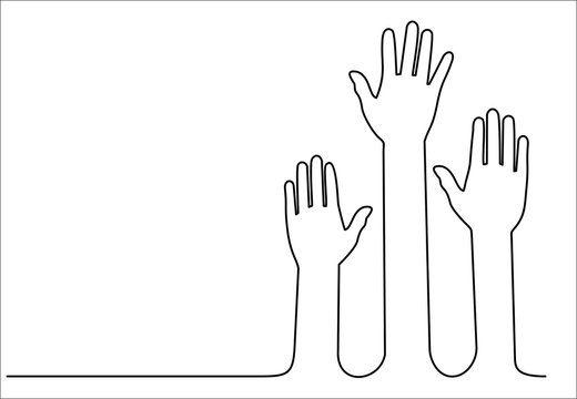 Raised hands volunteering continuous one line drawing minimalism design isolated on white background, vector concept