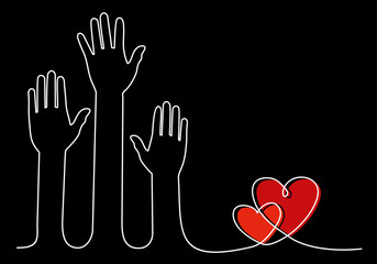 Hands and hearts. Raised hands volunteering concept continuous one line drawing minimalism design isolated on white background.