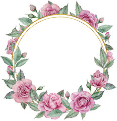 Pink roses frame. Watercolor hand-drawn circle floral wedding frame. Valentine's day template.