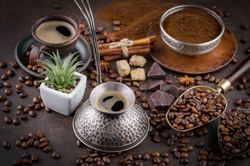 Black coffee on an old background in a cup