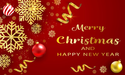 Bannière ou carte de noël et nouvel an - Merry Christmas and Happy new year boules dorés – serpentin étoile confettis flocons de neige - fond rouge