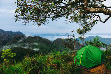 Camping tent on the hill of mountain forest at "LerGuaDa" or "Ler Gwa Dor" Tak province, Thailand, Asia.