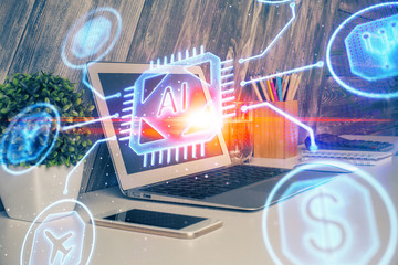 Multi exposure of computer on background and technology theme drawing. Concept of innovation.