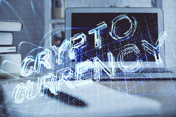 Multi exposure of blockchain theme hologram and table with computer background. Concept of bitcoin...