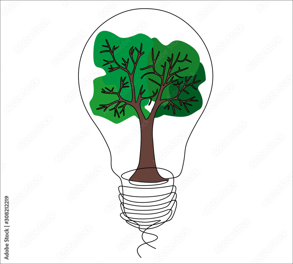 Poster continuous one line drawing of light bulb with tree inside. ecology concept
