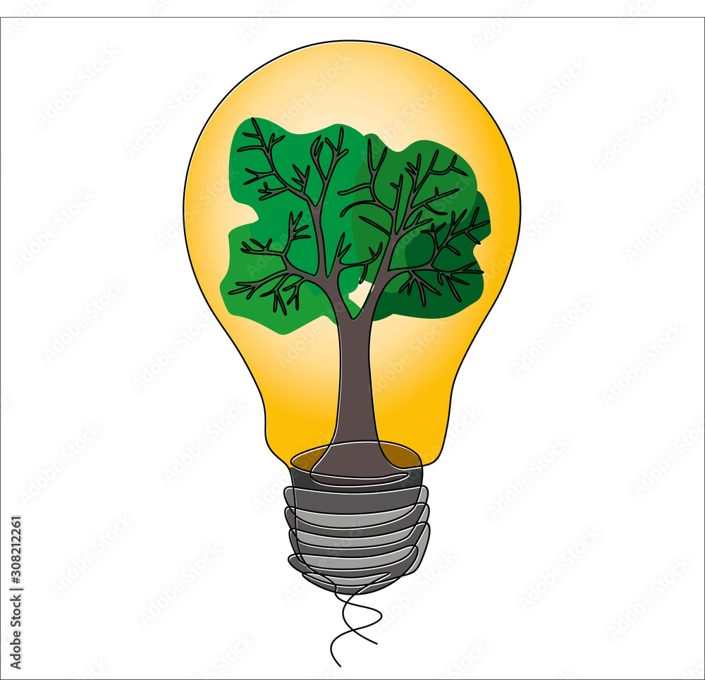 Poster continuous one line drawing of light bulb with tree inside. ecology concept