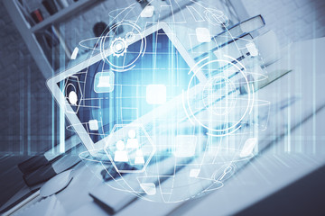 Computer on desktop with social network theme icon. Multi exposure. Concept of international connections.