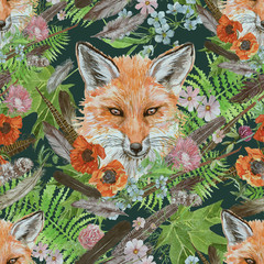 Seamless watercolor hand drawn vintage pattern with bear heads, flowers, feathers.