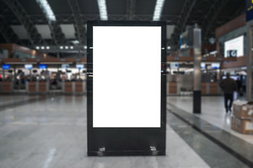 Airport hall billboard mock up with white screen, alpha channel. Business concept, indoor board,...