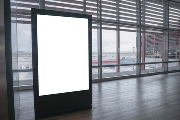 Airport hall billboard mock up with white screen, alpha channel. Business concept, indoor board,...