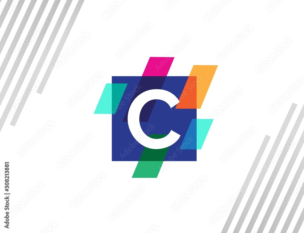Poster creative square initial letter c with colorful diagonal line logo design