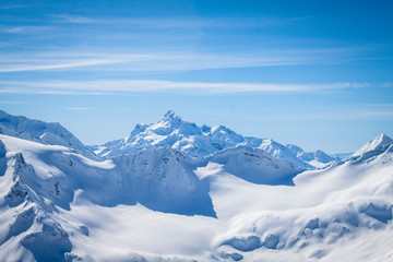 Winter panoramic view of the snowy high mountains of Elbrus in the Russia