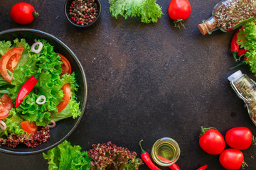 Healthy salad, leaves mix salad (mix micro greens, cucumber, tomato, chili pepper, other...
