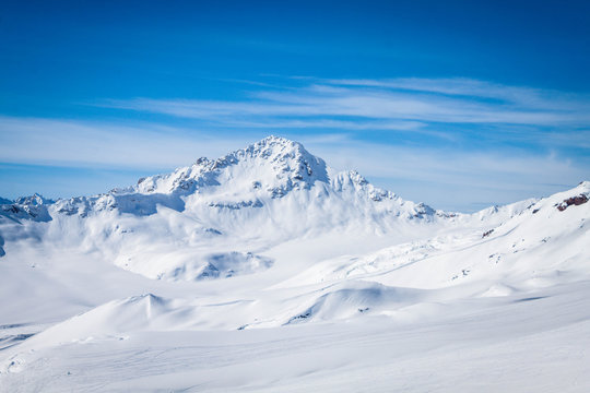 Winter panoramic view of the snowy high mountains of Elbrus in the Russia