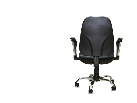 The Back View Of Office Chair From Black Textile. Isolated Over White