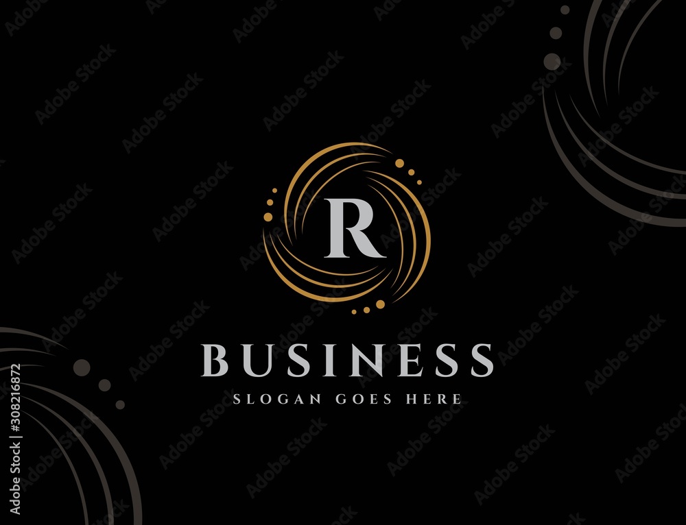 Poster royal circle gold orbit with dots initial letter r logo design vector graphics
