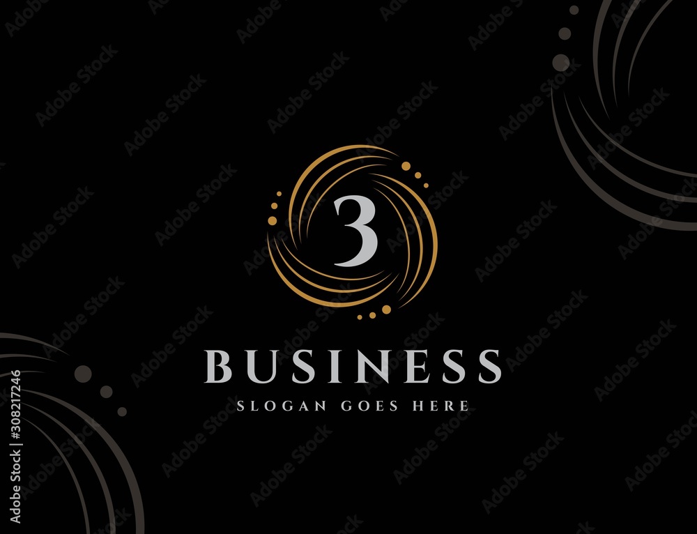 Poster royal circle gold orbit with dots initial number 3 logo design vector graphics