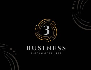 Royal circle gold orbit with dots initial number 3 logo design vector graphics