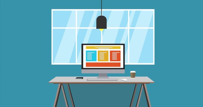 Animation of a working space with laptop, table and window on isolated blue background. Animation of flat illustration