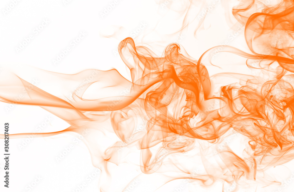 Wall mural movement of orange smoke abstract on white background. yellow ink water color