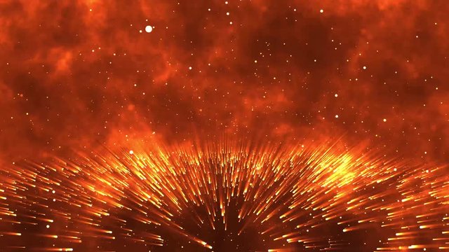 Abstract creative background. Hyper jump into another galaxy. Speed of light, neon glowing rays in motion. Beautiful fireworks, colorful explosion, big bang. Moving through stars. Seamless loop