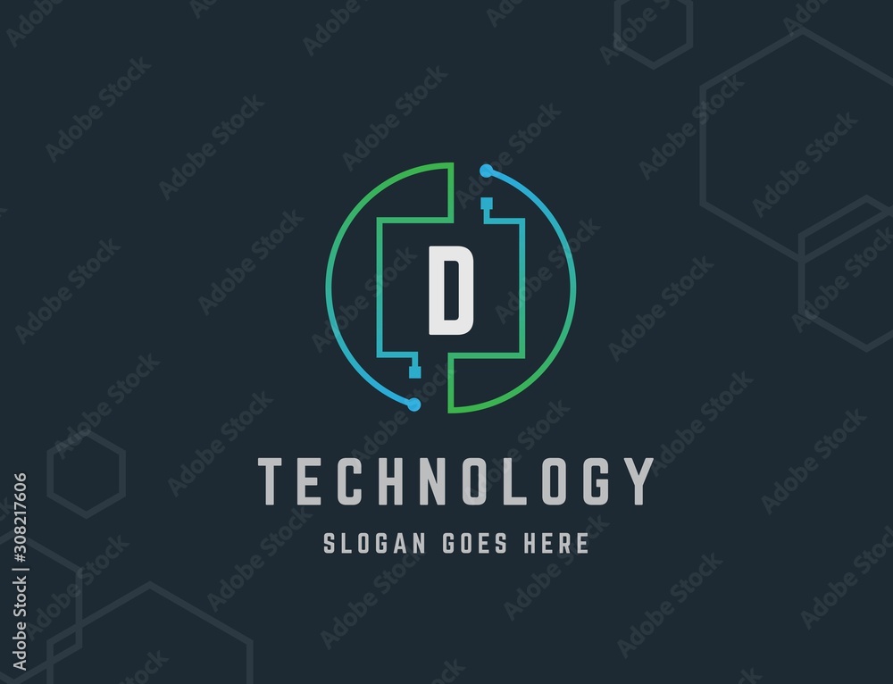 Aufkleber circle circuit tech network with initial d letter logo design