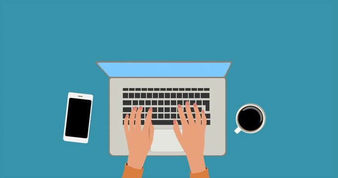 Animated video of woman hand typing on laptop keyboard top view. Working space animation