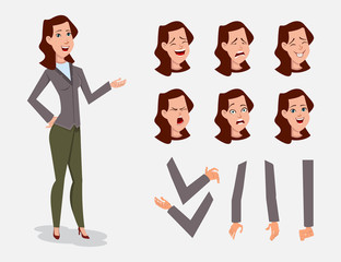 Business woman cartoon character set for your animation, design or motion with different facial emotions and hands.