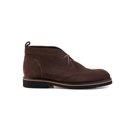 Men's ankle brown nubuck boot with nubuck leather isolated on white background, closed up