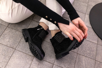 black womens demi season boots from nubuck on the models foot. An interesting perspective and the interior. Shopping discounts