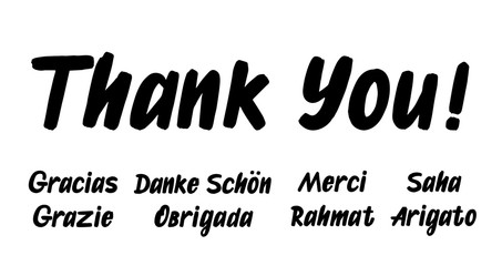 Set of grateful brush paint hand drawn lettering on white background. Thank you, Gracias, Grazie, Danke Schon, Arigato, Rahmat, Obrigada, Merci, Saha