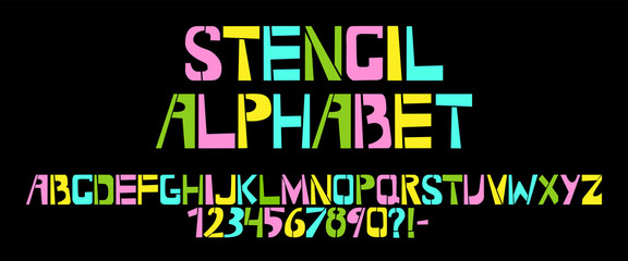 Stencil typeface. Colorful vector uppercase characters on black background. Typography alphabet for your designs: logo, typeface, card