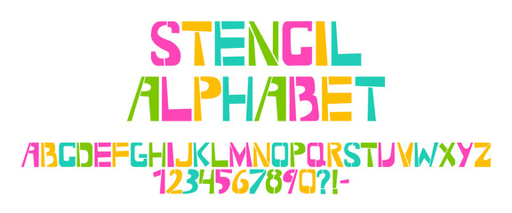 Stencil typeface. Colorful vector uppercase characters on white background. Typography alphabet for your designs: logo, typeface, card