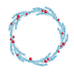 Merry Christmas wreath, red berries and blue tree branches isolated on white background. watercolor hand painting illustration. Design for winter, Christmas, New year.