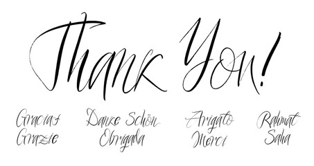 Set of grateful brush paint hand drawn lettering on white background. Thank you, Gracias, Grazie, Danke Schon, Arigato, Rahmat, Obrigada, Merci, Saha