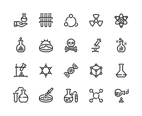 Chemistry line icons. Laboratory equipment and chemical reactions, medical tube flask and beaker. Vector sign science and school parts biochemistry laboratory objects set
