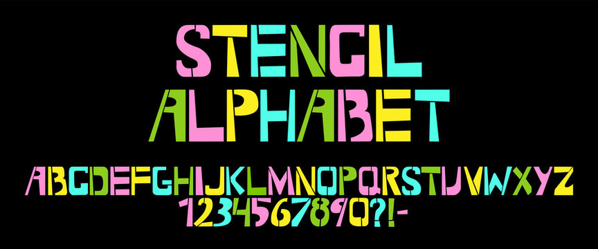 Stencil typeface. Colorful vector uppercase characters on black background. Typography alphabet for your designs: logo, typeface, card