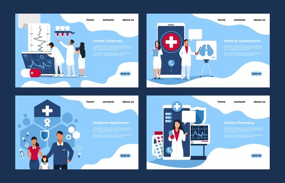 Pharmacy landing page. Medical web site mockups with cartoon people characters, online pharmacy and store concept. Vector illustration set IT medicine website for consultant about health