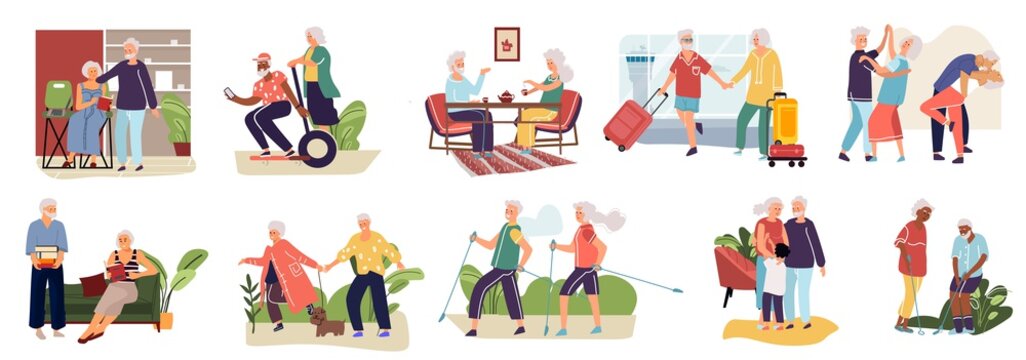 Elderly couples. Cartoon hand drawn old characters spending time together, shopping resting in cafe making exercises. Vector image collection set activity grandparents