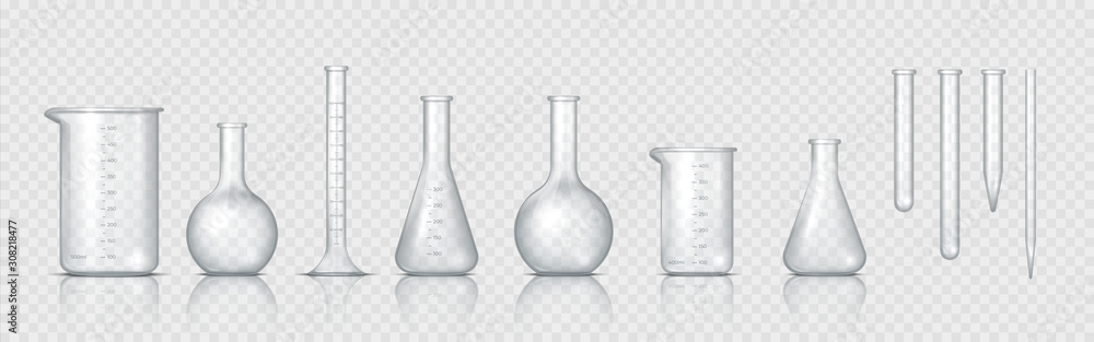 Aufkleber laboratory glassware. realistic lab beaker, glass flask and other chemical containers, 3d measuring 