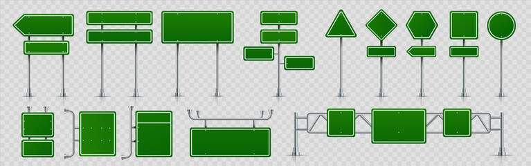 Highway signs. Green pointers on the road, traffic control signs and road direction signboards. Vector illustration information empty roadside signs set on transparent background