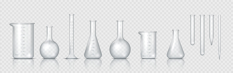 Laboratory glassware. Realistic lab beaker, glass flask and other chemical containers, 3D measuring medical equipment. Vector set tool for chemistry experiments or biotechnology testing