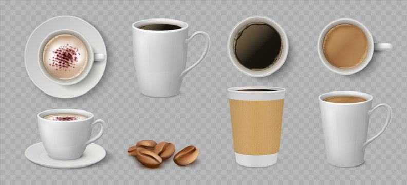Realistic coffee cups. White ceramic and paper mugs with espresso latte and cappuccino. Vector 3D isolated coffee set, cup for drinking view on top