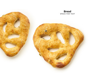 Bread of various types and shapes. Creative flatlay with copy space isolated on white background