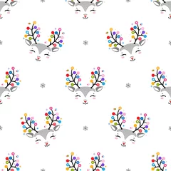 Papier Peint photo Petit cerf Renne mignon avec nez rouge et lumières de Noël sur fond de bois et de flocons de neige. Modèle sans couture de vecteur avec dessin animé Doodle cerfs et neige. Fond d& 39 écran de vacances de Noël ou du nouvel an