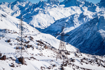 Winter panoramic view of the snowy high mountains of Elbrus in the Russia