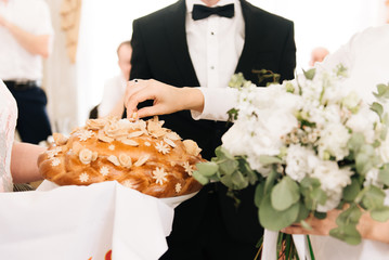 Wedding loaf. Bread and salt for the bride and groom Russian wedding tradition.