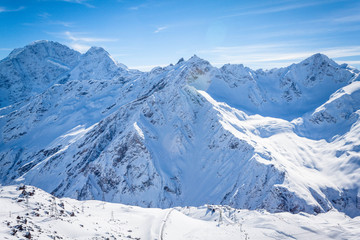 Winter panoramic view of the snowy high mountains of Elbrus in the Russia